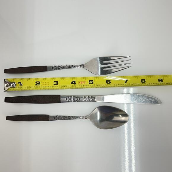 Vtg 3pc Flatware INTERPUR INR2 Japan Stainless Steel Brown Faux Wood Scroll MCM - Picture 9 of 14